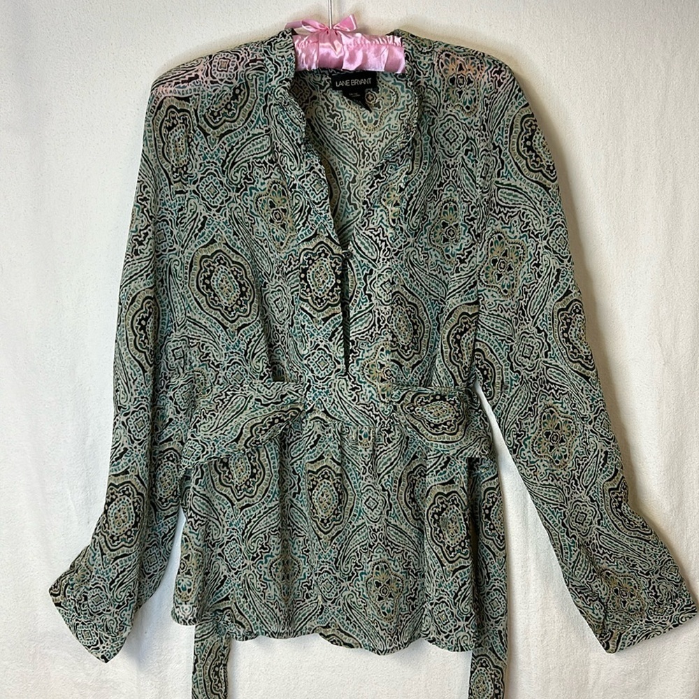 Lane Bryant Women’s Sheer Tunic  Size 14/16 Teal Print Metallic Thread Tie Back